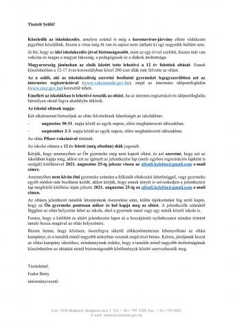 12 év feltti tanulók oltása